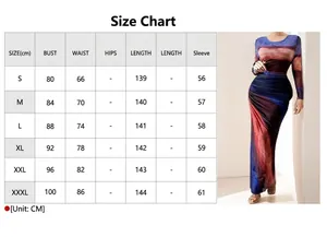 Detailed size chart for sexy bodycon round neck long dress with colorful gradient print