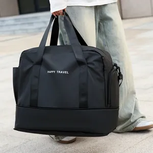Large capacity black travel gym bag with dry wet separation compartment for outdoor sports