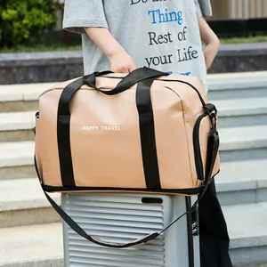 Large capacity beige travel fitness bag with dry-wet separation and Happy Travel print