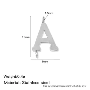 Detailed macro view of 316L stainless steel letter A pendant showing size and weight specs