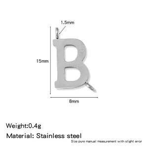 Detail view of a stainless steel letter B pendant with dimensions and weight info
