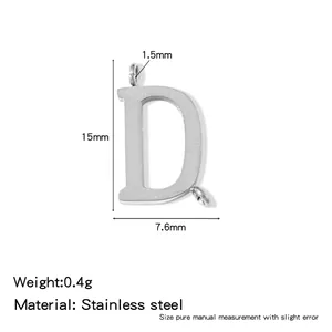 Detailed measurements of stainless steel uppercase letter D charm with double holes