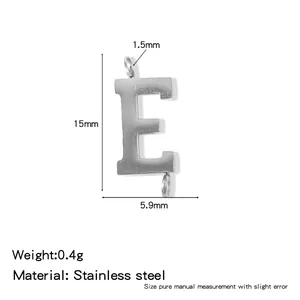 Technical drawing showing the dimensions of a stainless steel letter E charm pendant.