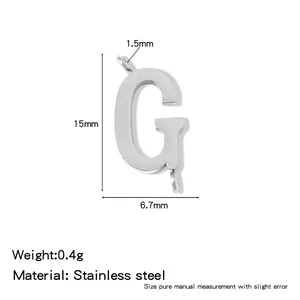 Technical detail of stainless steel capital letter G pendant with dimensions and weight info.