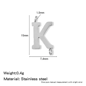 Technical details of 316L stainless steel letter K pendant with size markings for DIY