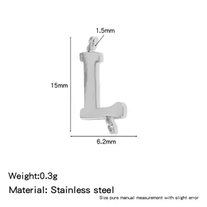 Detailed measurements and specifications for the stainless steel letter L pendant accessory.