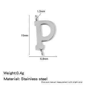 Detail view of stainless steel letter P pendant with size and weight specifications.