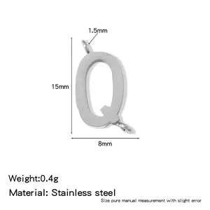 Detailed view of stainless steel letter Q pendant with dimensions and weight info.