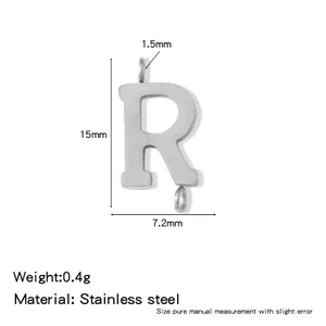 Stainless steel letter R pendant with double loops showing 15mm by 7.2mm dimensions