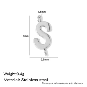 Detail view of 316L stainless steel letter S pendant with size and weight info