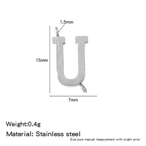 Detail view showing 15mm x 7mm stainless steel letter U pendant measurements.