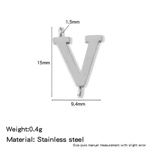 Macro view of 316L stainless steel capital letter V pendant with precise dimensions