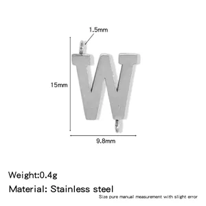 Detailed view of 316L stainless steel uppercase letter W pendant with size measurements