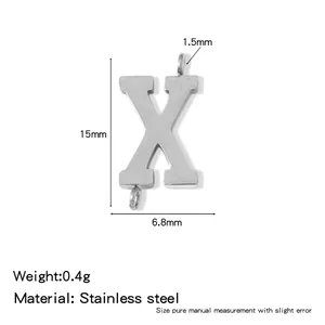 Detailed view of 316L stainless steel letter X pendant with dimensions and material info