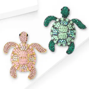 Elegant pink and green rhinestone turtle brooches with alloy base for clothing decor
