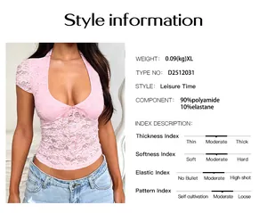 Sexy rosa Spitzenoberteil mit tiefem V-Ausschnitt, schmale Passform, hohle Details