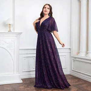 Elegant plus size V-neck sequin evening gown with flutter sleeves for gala party wear