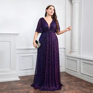 Elegant plus size deep V-neck sequined evening gown with stylish flutter sleeves in purple