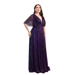 Elegant plus size V-neck sequin evening gown featuring stylish ruffle sleeves for parties