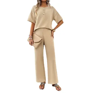 Casual 2024 women's two-piece knit set featuring beige short sleeve top and wide pants