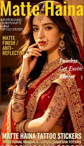 Detailed view of matte Indian henna tattoo stickers with mandala patterns on model's arm