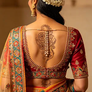 Traditional Indian henna matte tattoo stickers with floral and lotus patterns on model back