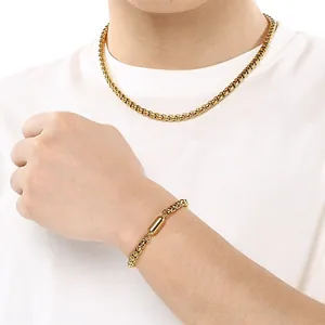 Gold stainless steel round box chain necklace and bracelet set with magnetic clasp