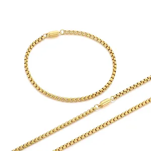 Elegant gold stainless steel box chain necklace and bracelet set with magnetic clasp.