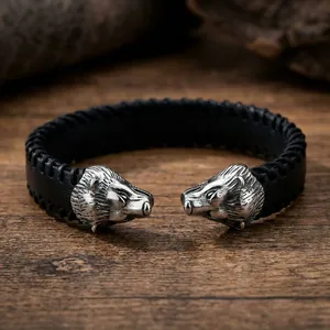 Men Vintage Dragon Head Bracelet 316L Stainless Steel Braided Leather Bangle Open Cuff Punk Gothic Jewelry