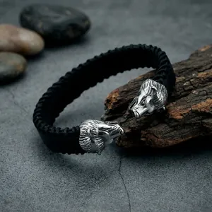 Punk style stainless steel men's lion head bracelet with black braided leather band