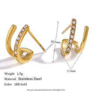 Elegant 18K gold plated stainless steel double layer stud earrings with cubic zirconia
