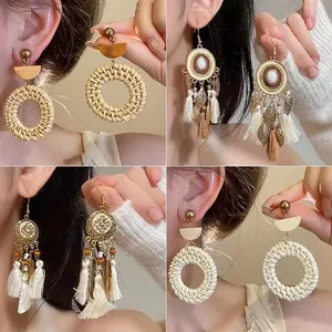 Bohemian Dangle Earrings Feather Tassel Rattan Woven Flower Petal Ethnic Style With 925 Sterling Silver Earring Post