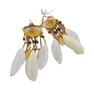 Bohemian style feather tassel earrings with gold-tone geometric design and beads.