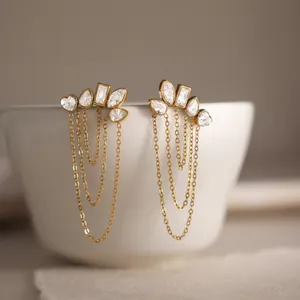 Elegant 18k gold-plated tassel earrings with geometric white zircons and layered chains.