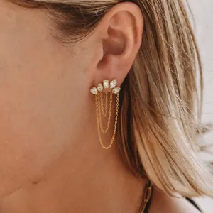 18K gold plated stainless steel earrings with white zircons and hanging tassel chains