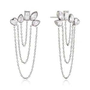 Fashionable stainless steel chain tassel earrings with white cubic zirconia stones
