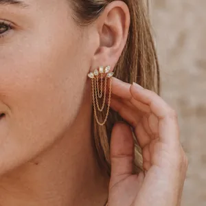 Luxury gold plated stainless steel zircon tassel earrings for women