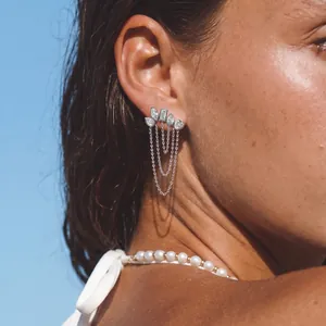 Detailed macro view of silver titanium steel zircon earrings with dangling chains