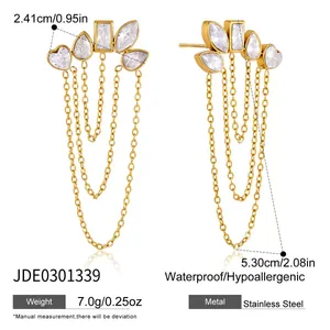 Detailed specifications for gold stainless steel tassel earrings with zirconia stones