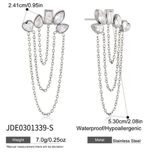 Elegant stainless steel tassel earrings featuring heart and teardrop cubic zirconia