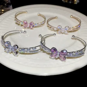 Sparkling zircon butterfly double-layer open bangles in pink and clear stones