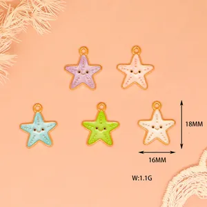 Close-up of colorful enamel starfish charms for DIY jewelry with size and weight specs