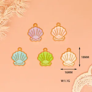 Detailed view of colorful enamel sea shell charms with 18mm height and 16mm width dimensions