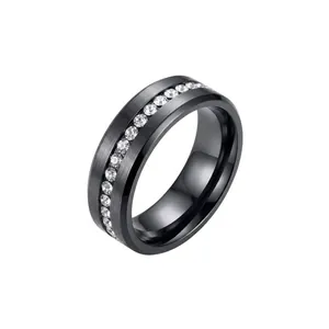 Elegant black stainless steel ring with single row of sparkling white cubic zirconia