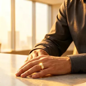 Close-up of a gold-plated stainless steel single row pavé ring on a man's finger