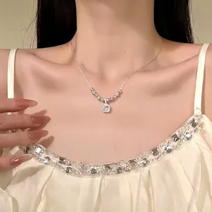Elegant Square Rhinestone Pendant Necklace Silver Color Alloy Chain With Artificial Pearl Accents For Women Stylish Daily Wear
