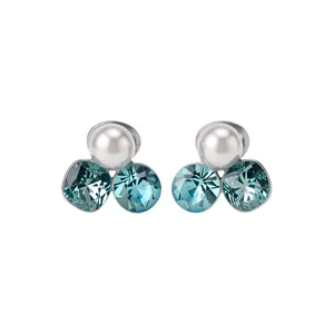 Elegant lightweight luxury pearl and teal faceted crystal cluster clip-on earrings for women