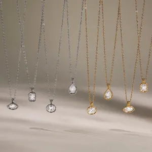 Stainless Steel Ribbed Edge Rhinestone Pendant Necklace Geometric Pear Round Shape Inlaid Jewelry For Women Necklaces