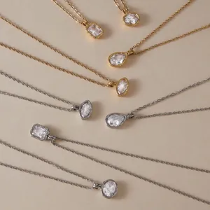 Ribbed edge necklaces with various zircon stone shapes in gold and silver finish