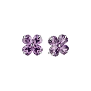 Elegant purple zircon flower stud earrings with silver needles in a minimalist Korean style